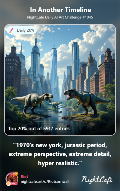 Convergence A futuristic New York skyline with dinosaurs set in a hyper-realistic jurassic scene.