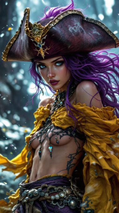 Storm Siren A fierce pirate woman with purple hair, adorned in gold and beads, standing in a mystical forest.