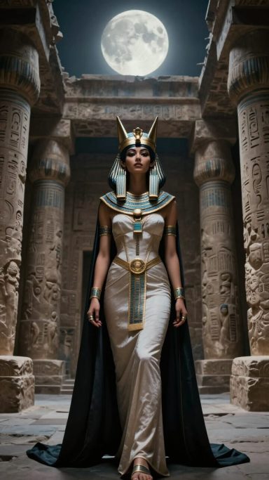 A woman in ancient Egyptian attire stands confidently under a full moon.