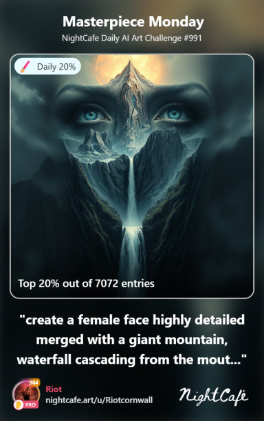 Gaia Highly detailed female face with a giant mountain and waterfall cascading from the mouth.