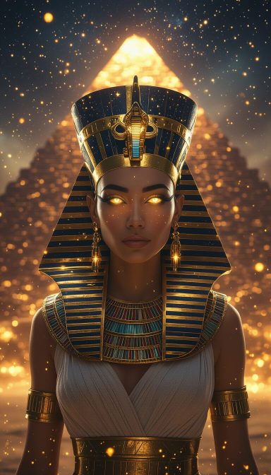 A regal figure resembling an ancient queen, with glowing eyes and a pyramidal backdrop.