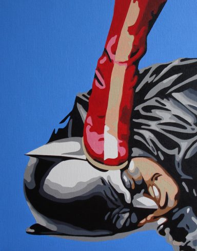 A figure in a black suit is pinned down by a red-heeled boot against a blue background.