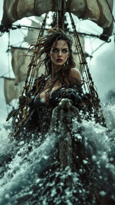 Figurehead of Fate A fierce woman stands atop a ship amid crashing waves and stormy weather.