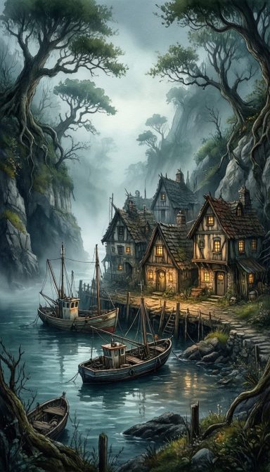A tranquil riverside village with rustic houses and boats under a moody twilight sky.