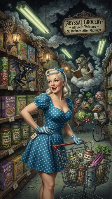 Nether A vintage-styled woman in a blue polka-dot dress shops in a whimsical grocery store.