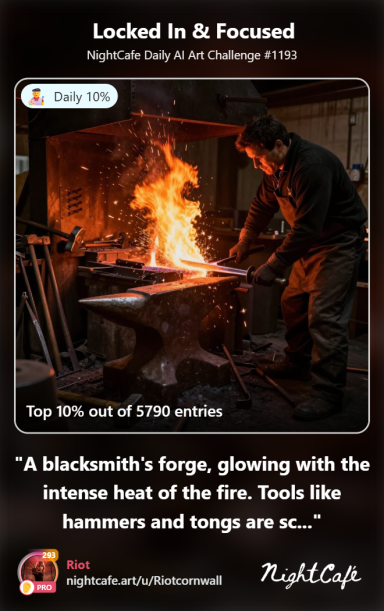 Artisan A blacksmith forging metal in a fire-lit workshop, with tools scattered nearby.