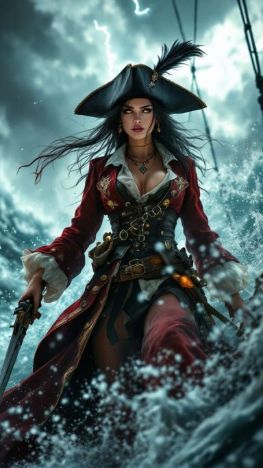 No Quarter Given A fierce female pirate in a red coat, wielding a sword amidst turbulent seas.