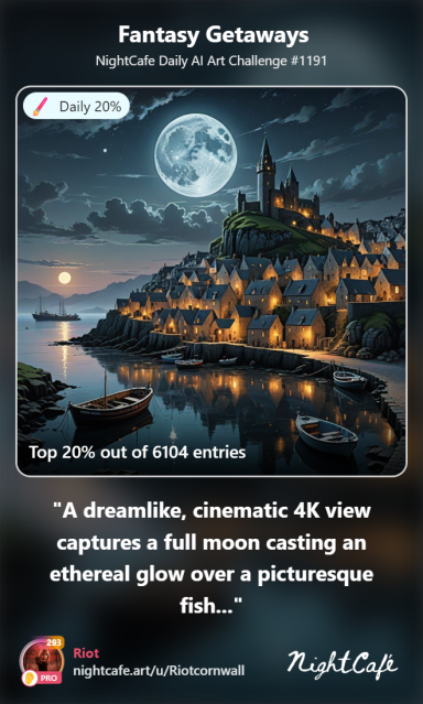 Nocturne A moonlit castle on a cliff, glowing warmly against a scenic night sky.
