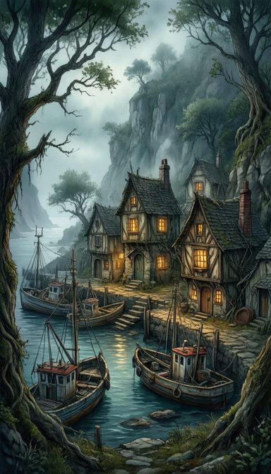 Quaint coastal village with glowing cottages and moored boats amid rocky cliffs.