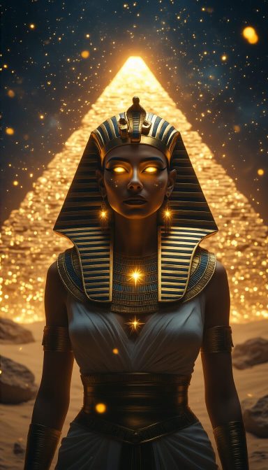 A regal figure resembling an ancient Egyptian queen, illuminated by a glowing pyramid behind her.