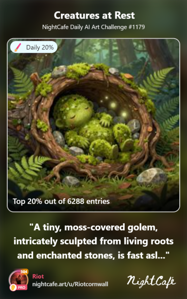 Slumber A small, moss-covered golem made from roots and stones, resting in a lush forest setting.