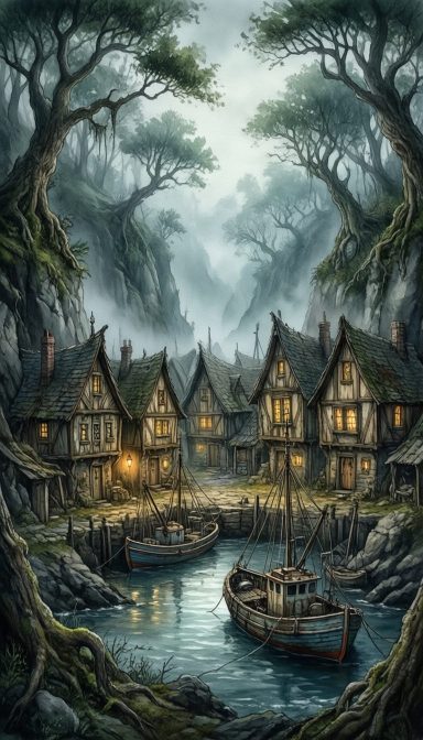 A quaint village by a misty river, surrounded by dark, towering trees.