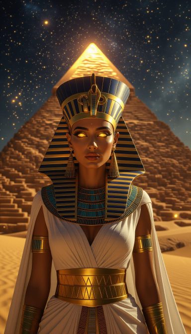 A woman in ancient Egyptian attire stands before a pyramid under a starry sky.