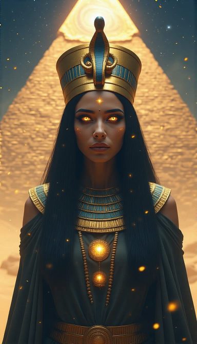 A regal woman in ancient Egyptian attire with glowing eyes and ornate headwear.