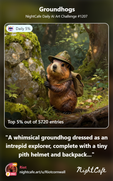 Scout A whimsical groundhog wearing a tiny helmet and backpack in a woodland setting.
