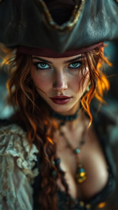Dead Calm Portrait of a captivating female pirate with striking features and a dramatic outfit.