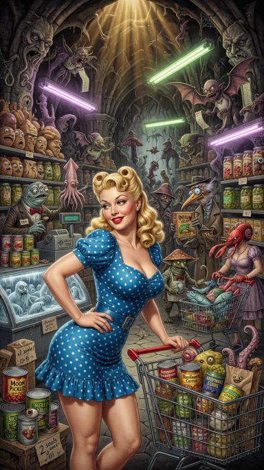 Aberration A retro-style woman in a blue polka dot dress poses in a vibrant, cluttered shop.
