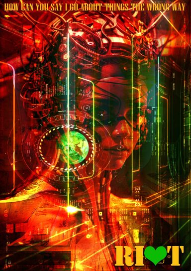 A futuristic digital art piece featuring a cyborg with bright, abstract patterns.