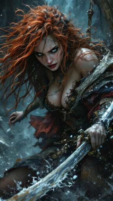 Sea Fury A fierce woman with fiery red hair wielding a sword, surrounded by dark, stormy waters.