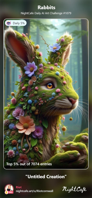 Bloom A rabbit covered in flowers and greenery, set in a forest backdrop.