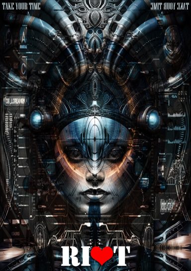 Futuristic female robot face with digital elements and the text "RI♥T."
