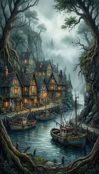 Misty riverside village with glowing windows and boats on calm water.