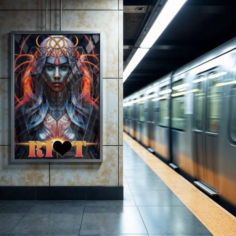 A stylised poster of a female figure with elaborate hair and vibrant patterns at a subway station.