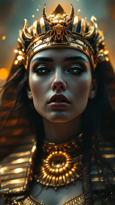 A regal woman in a golden crown, adorned with intricate jewellery and a serious expression.