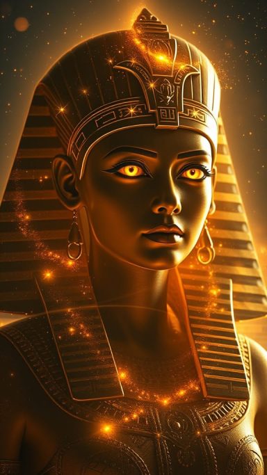 Bust of an ancient Egyptian queen, glowing golden with striking illuminated eyes.
