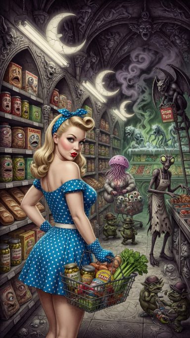 Uncanny Vintage woman in blue dress holding a shopping basket in a whimsical grocery store.