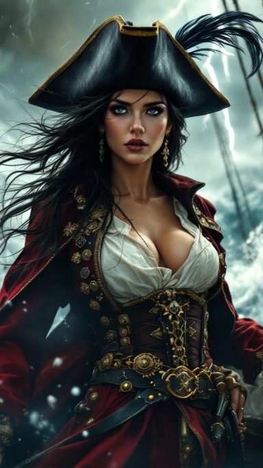 Iron Captain Female pirate in a tricorn hat, wearing a dramatic outfit against a stormy backdrop.