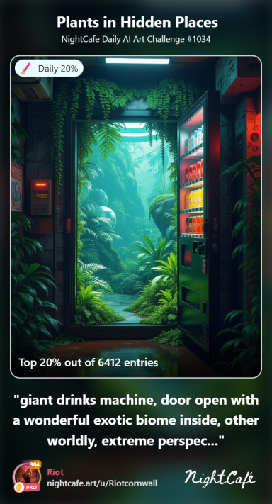 Sanctuary A vibrant doorway surrounded by lush greenery and plants, revealing a glimpse of a drink machine.