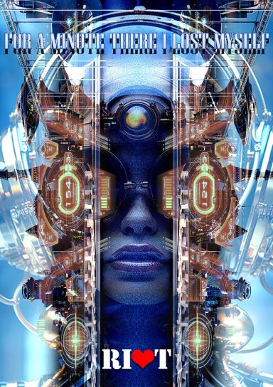 A futuristic humanoid face integrated with technological elements and vibrant colours.