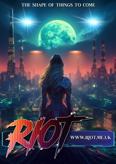 Silhouette of a woman overlooking a futuristic cityscape under a full moon.
