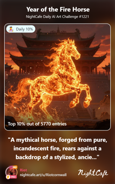 Inferno A mythical horse made of flames, rearing against an ancient temple backdrop.