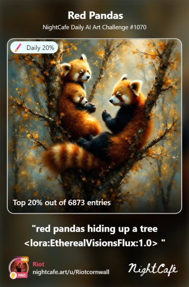 Kinship Two red pandas playfully climbing a tree, surrounded by lush foliage.