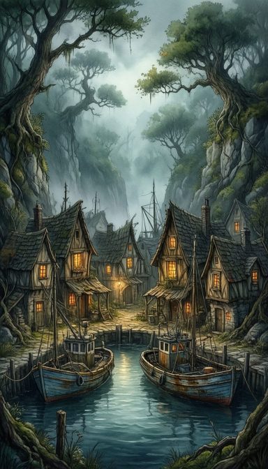 A tranquil village by a river, nestled among tall trees, with boats and warmly lit houses.