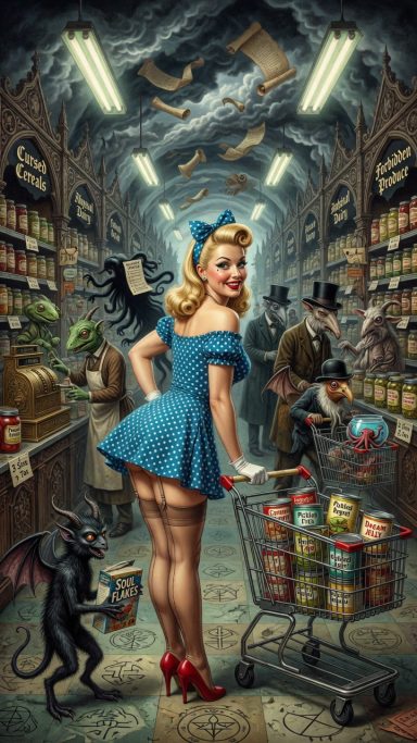 Malediction A retro-styled woman in a blue dress pushes a shopping cart in a spooky store.