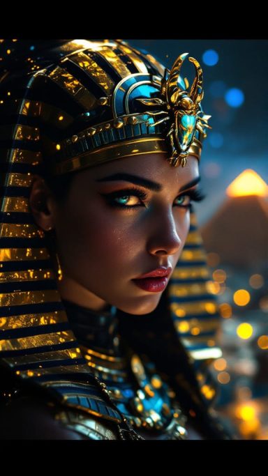 Woman in ancient Egyptian attire, wearing a golden headdress and dramatic eye makeup.