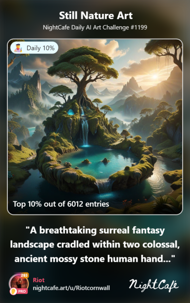 Cradle Surreal fantasy landscape with a tranquil water feature and ancient stone hands.