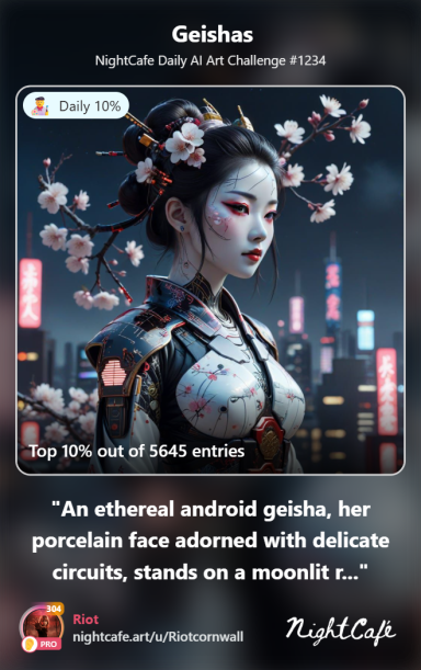 Nexus A geisha with a porcelain face and delicate circuits stands on a moonlit terrace.