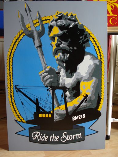 A stylised depiction of a powerful figure holding a trident, with a boat in the background.