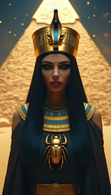 A regal woman in Egyptian attire with a golden crown, adorned with intricate jewellery.