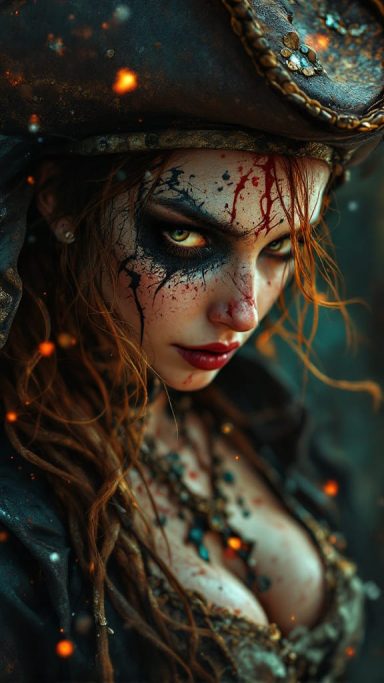 Blood Tide A fierce pirate woman with striking makeup and a feathered hat, adorned with jewels.