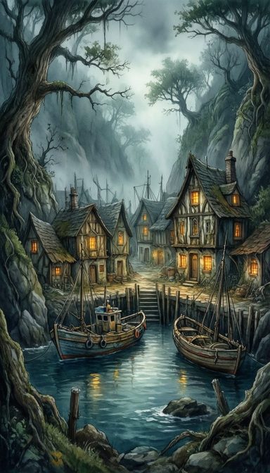 A tranquil village by a river at twilight, with glowing windows and moored boats.