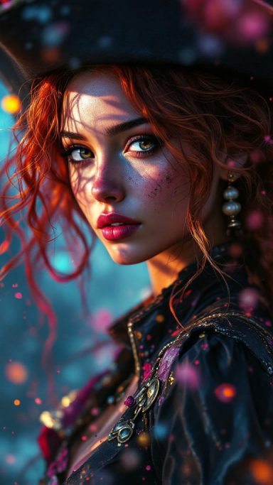 Scarlet Wind Portrait of a young woman with curly red hair, wearing a dark outfit and a wide-brimmed hat.