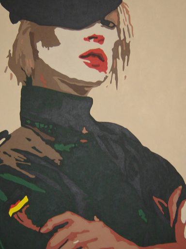 Stylised portrait of a woman in military attire with a beret, arms crossed.