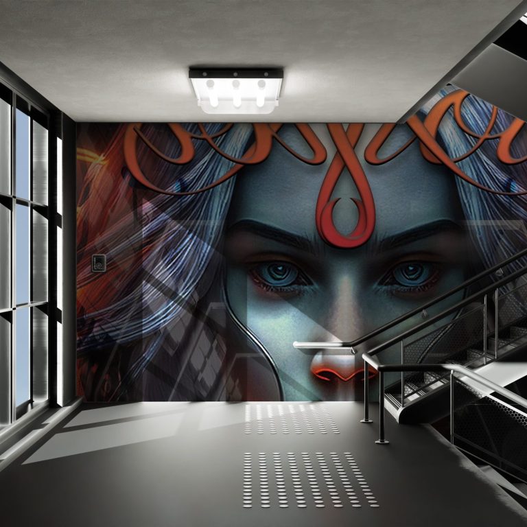 Mural of a woman with striking blue eyes and intricate designs on a wall in a modern space.