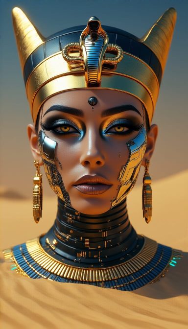 A futuristic depiction of a regal woman with Egyptian-inspired attire and makeup.