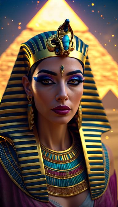 A woman in ancient Egyptian attire with a golden headdress and bold eye makeup.